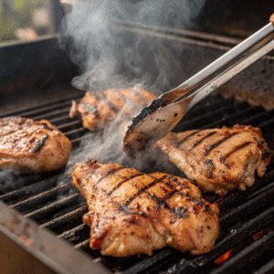 Chipotle chicken grilling with smoky char