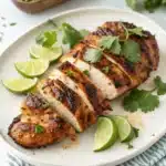 Sliced grilled chipotle chicken breast garnished with cilantro and lime wedges on a white platter.