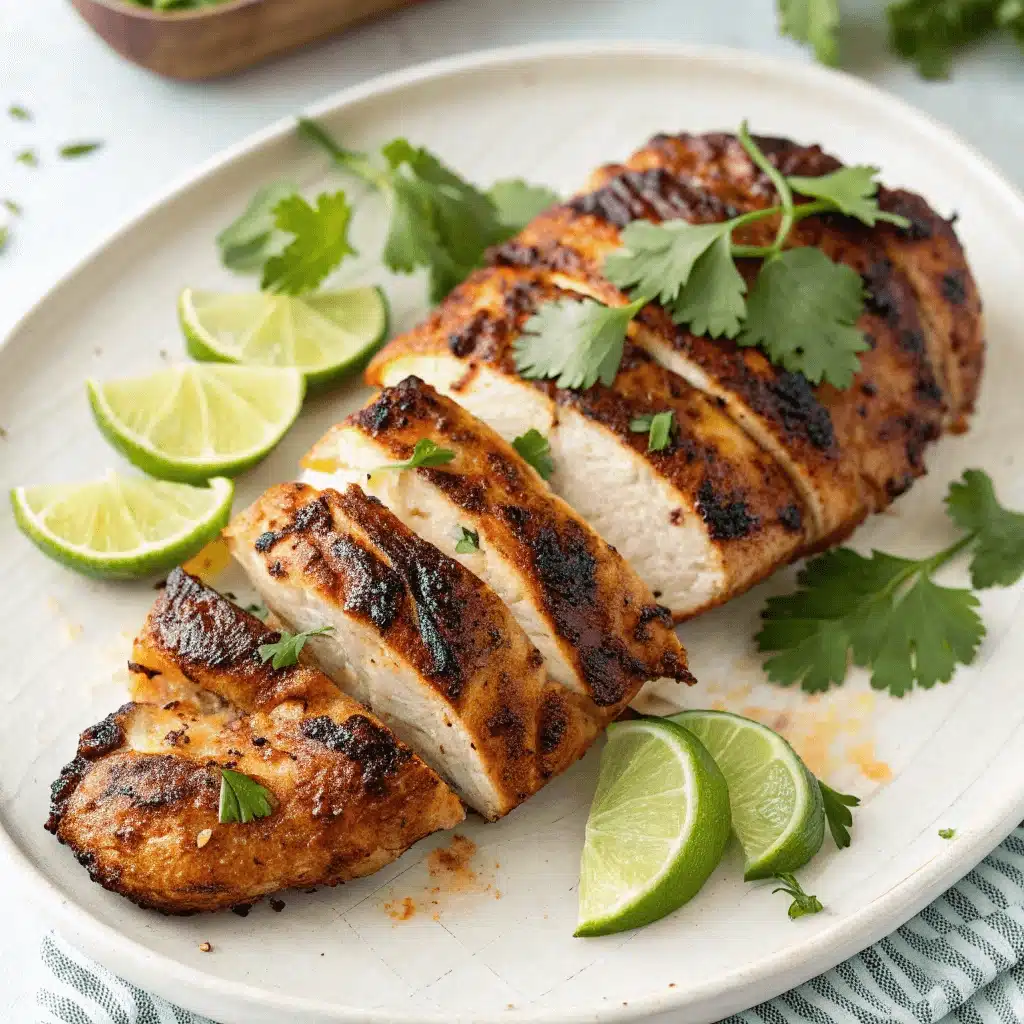 Sliced grilled chipotle chicken breast garnished with cilantro and lime wedges on a white platter.