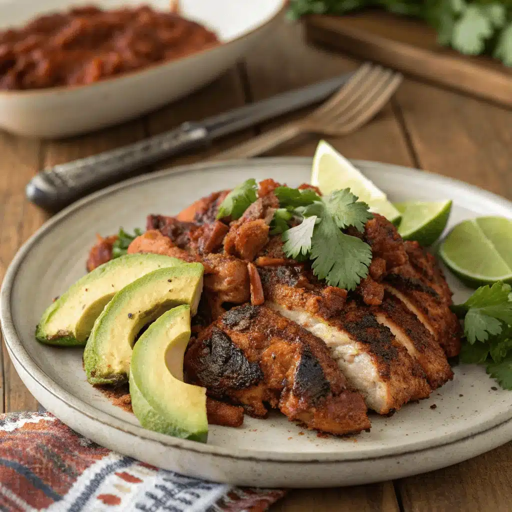 Sliced chipotle chicken breast topped with salsa and cilantro, served with avocado slices and lime wedges on a rustic plate.