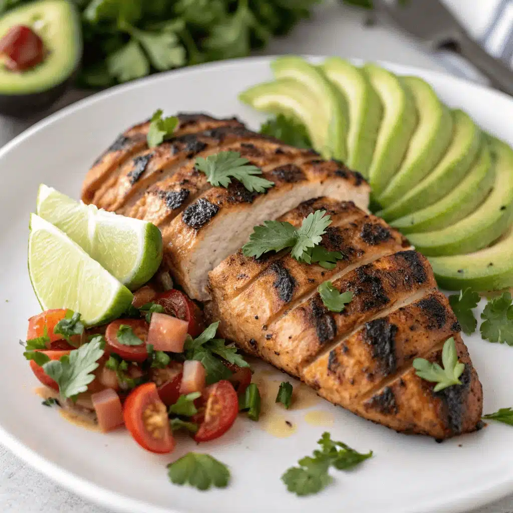 Sliced chipotle chicken breast served with avocado fan, lime wedges, and fresh tomato salsa on a white plate.