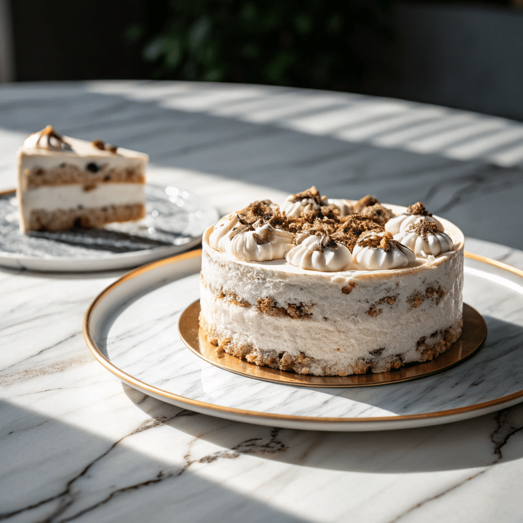 Baskin Robbins ice cream cake with layers of vanilla and chocolate ice cream, decorated with whipped cream rosettes and cookie crumbles, served on a marble plate with a slice in the background.
