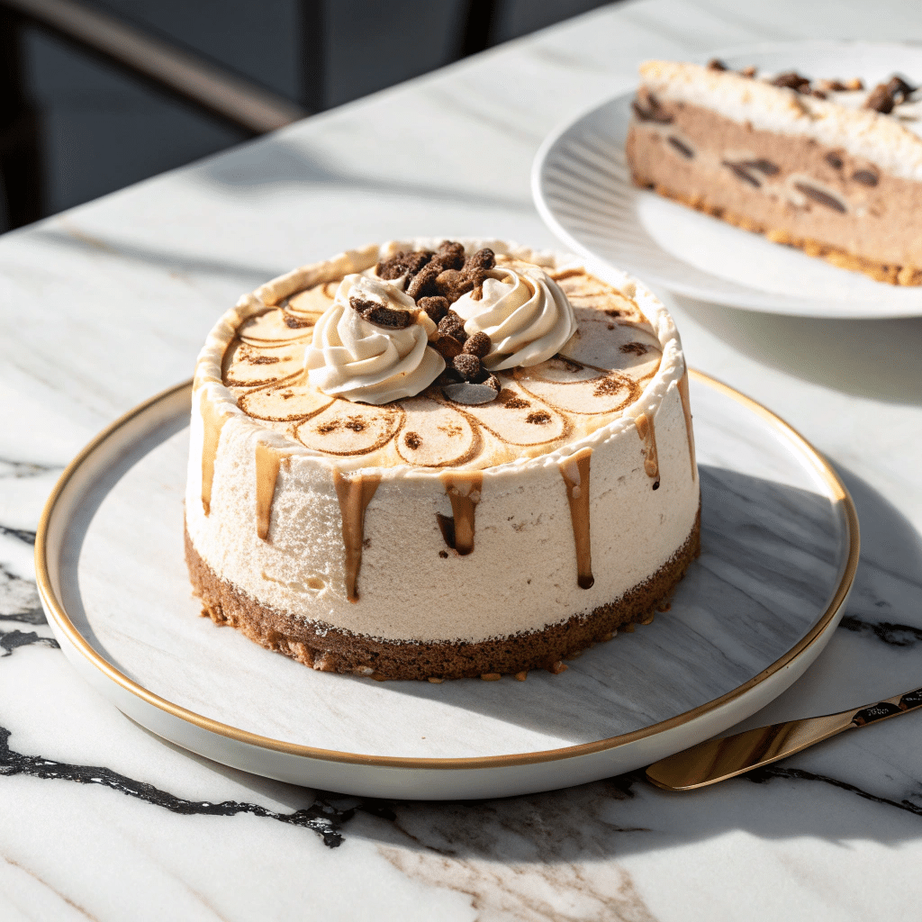 Baskin Robbins ice cream cake with a caramel swirl design, chocolate base, and whipped cream rosettes, garnished with chocolate pieces and served on a marble plate.