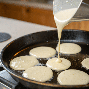 Pouring mini pancake batter onto skillet