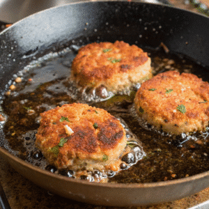 Salmon cakes frying in a pan