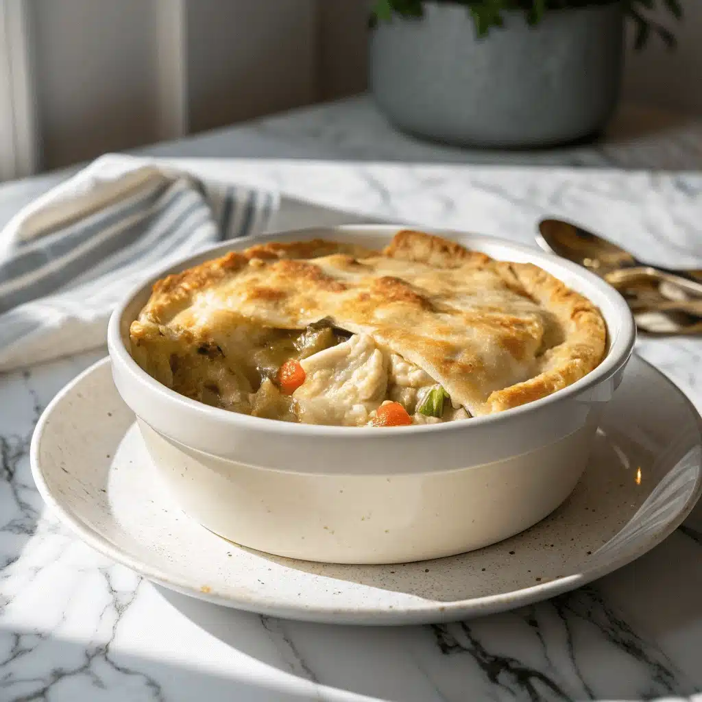 Chicken pot pie casserole in a cream-colored dish, with a golden-brown crust and visible chunks of chicken, carrots, and peas, set on a marble countertop.