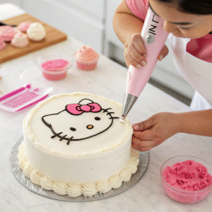 Decorating Hello Kitty cake with pink buttercream bow