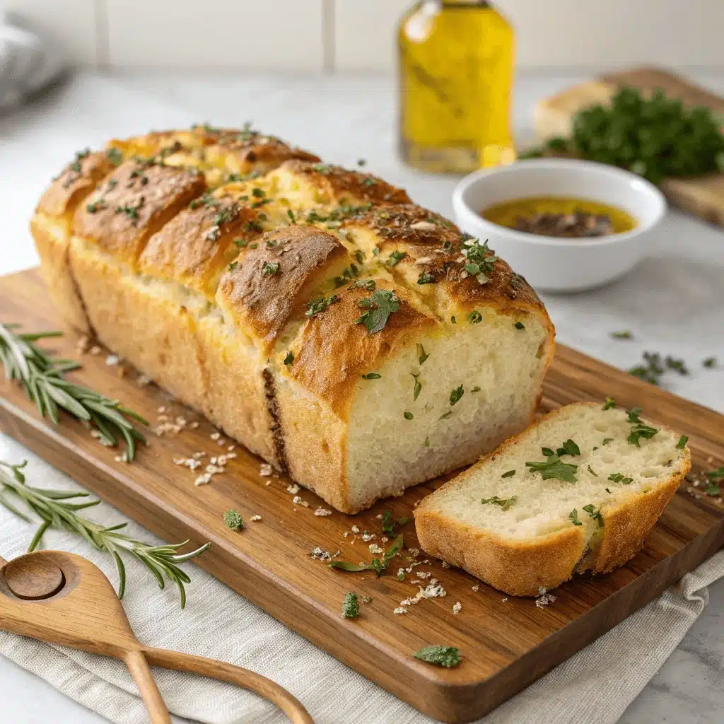 Loaf of low carb bread with a golden crust, topped with fresh herbs and coarse salt, with one slice cut and served on a wooden board.
