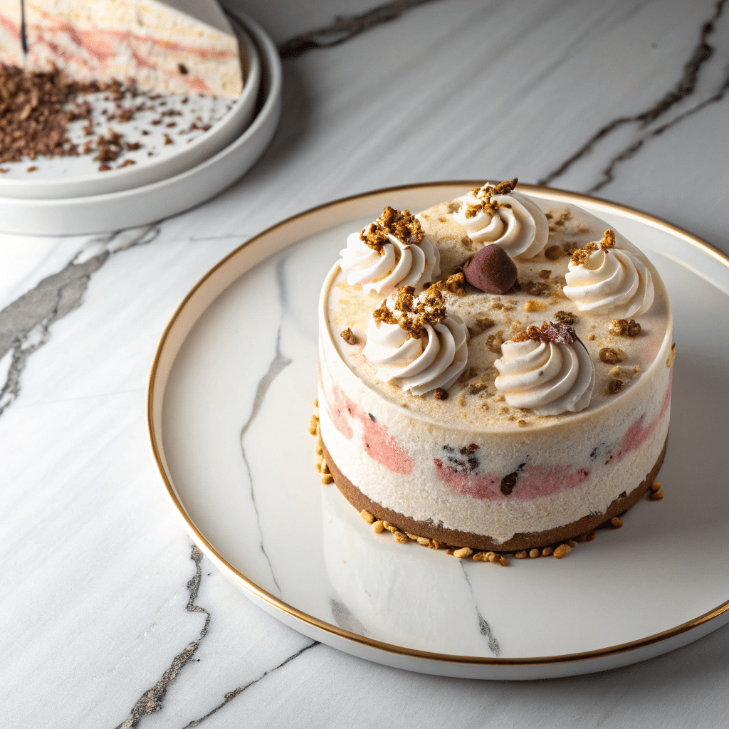 Baskin Robbins ice cream cake with visible strawberry and chocolate chunks, topped with whipped cream swirls, chocolate pieces, and crunchy bits, on a gold-rimmed plate.
