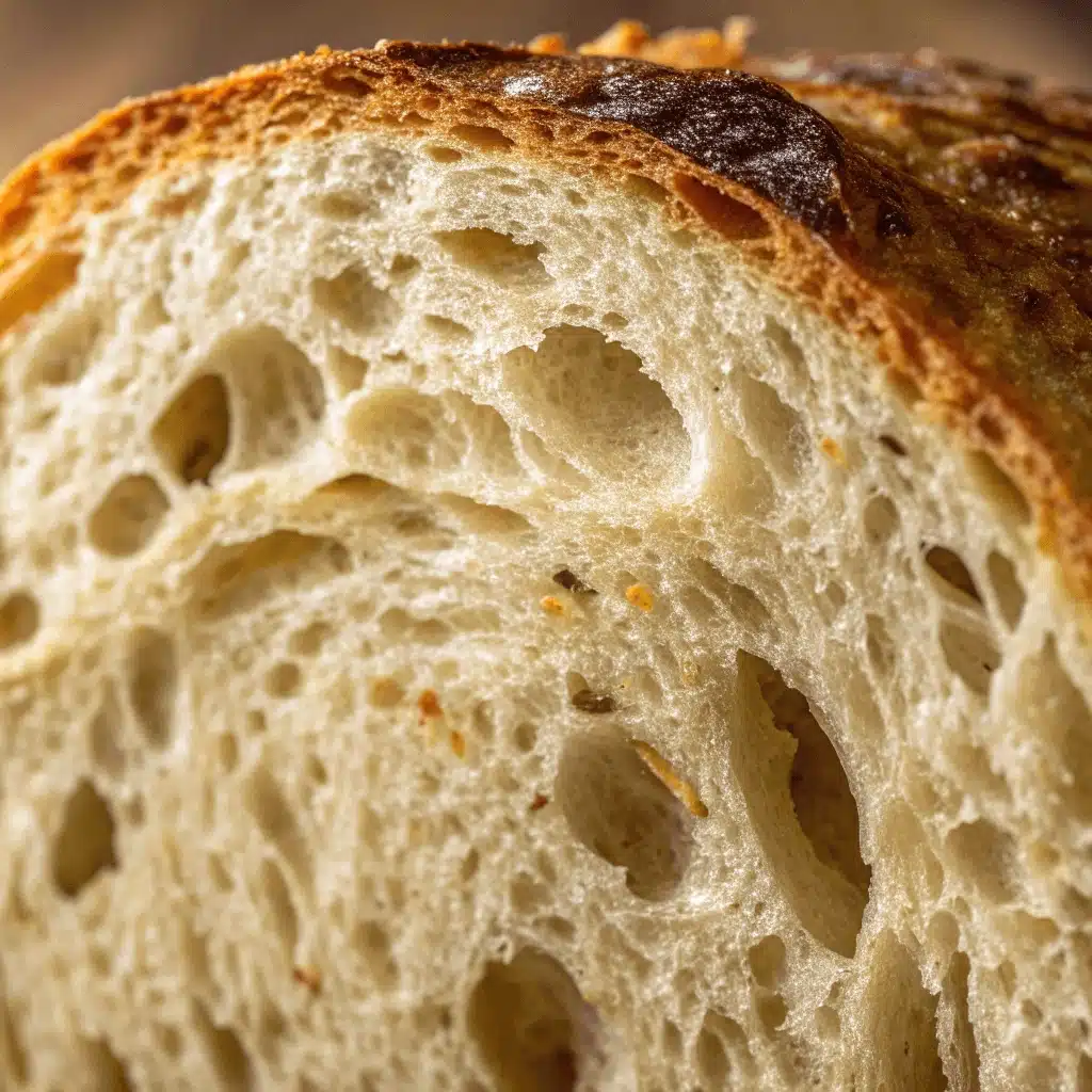 Extreme close-up of the interior crumb structure of gluten-free sourdough bread, highlighting airy holes and texture.