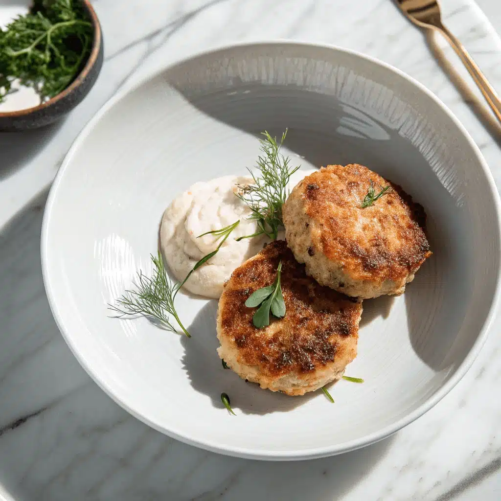 Two salmon cakes garnished with dill and parsley, served with a dollop of creamy sauce in a white bowl.