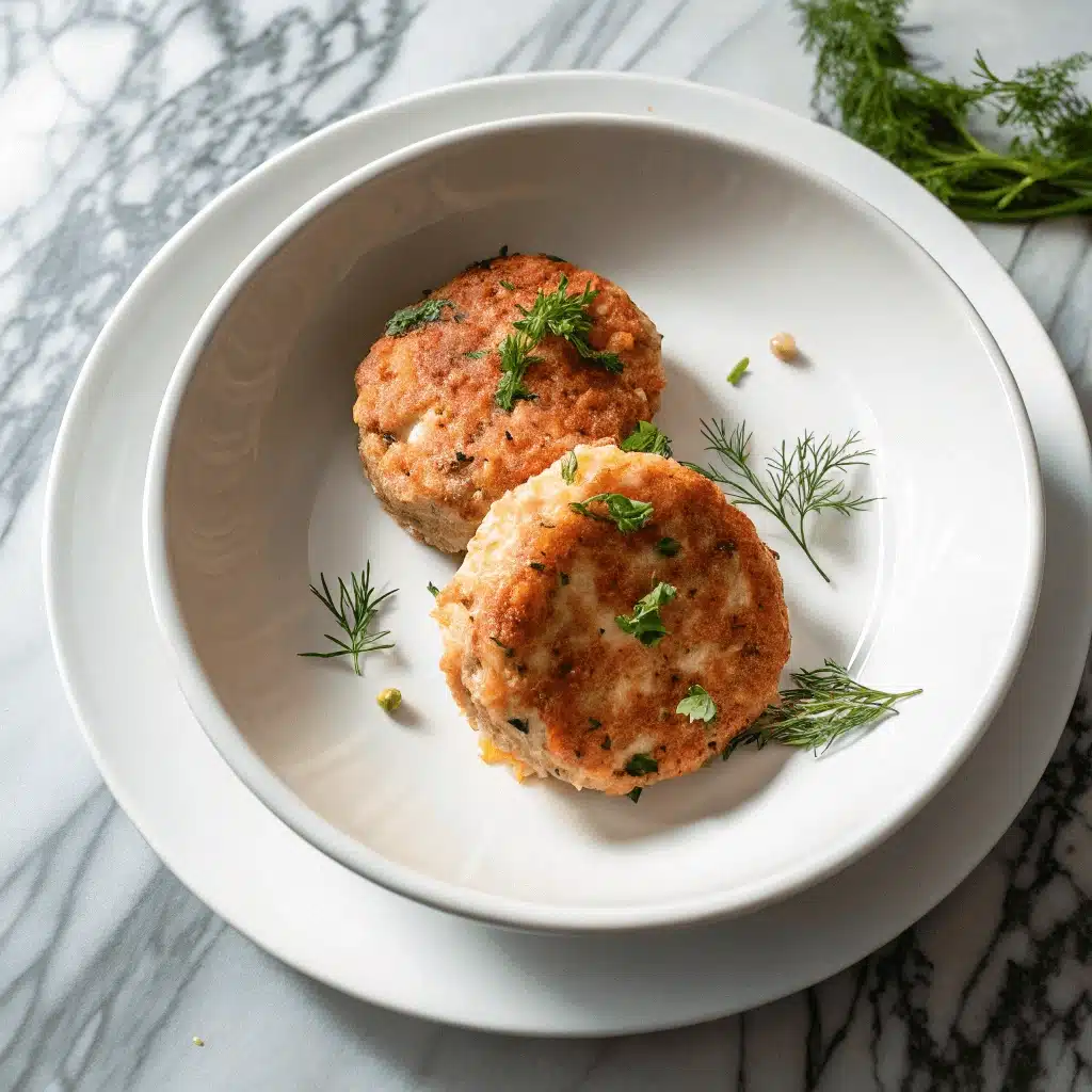Two salmon cakes garnished with dill and parsley, served on a white plate with marble background.