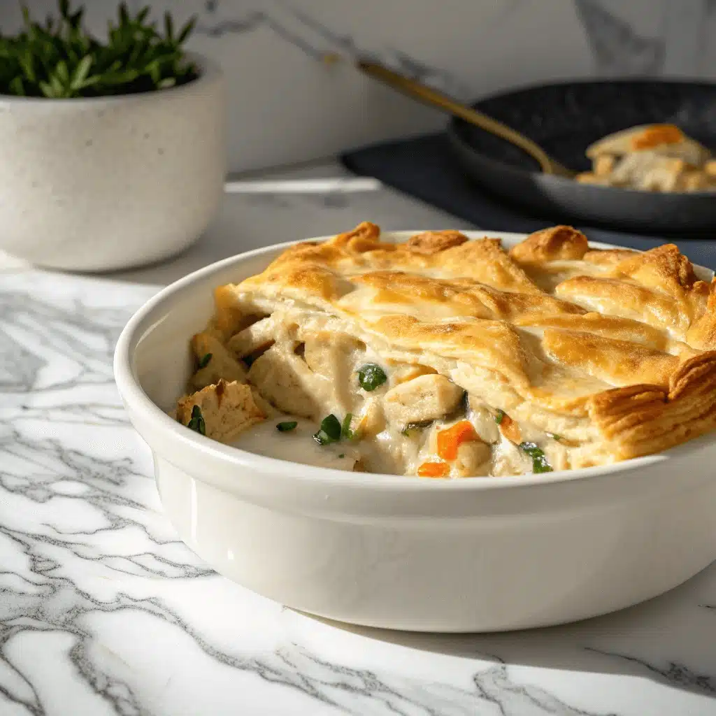 Close-up of chicken pot pie casserole in a white dish, showing creamy filling with chicken, peas, and carrots beneath a golden, flaky crust.
