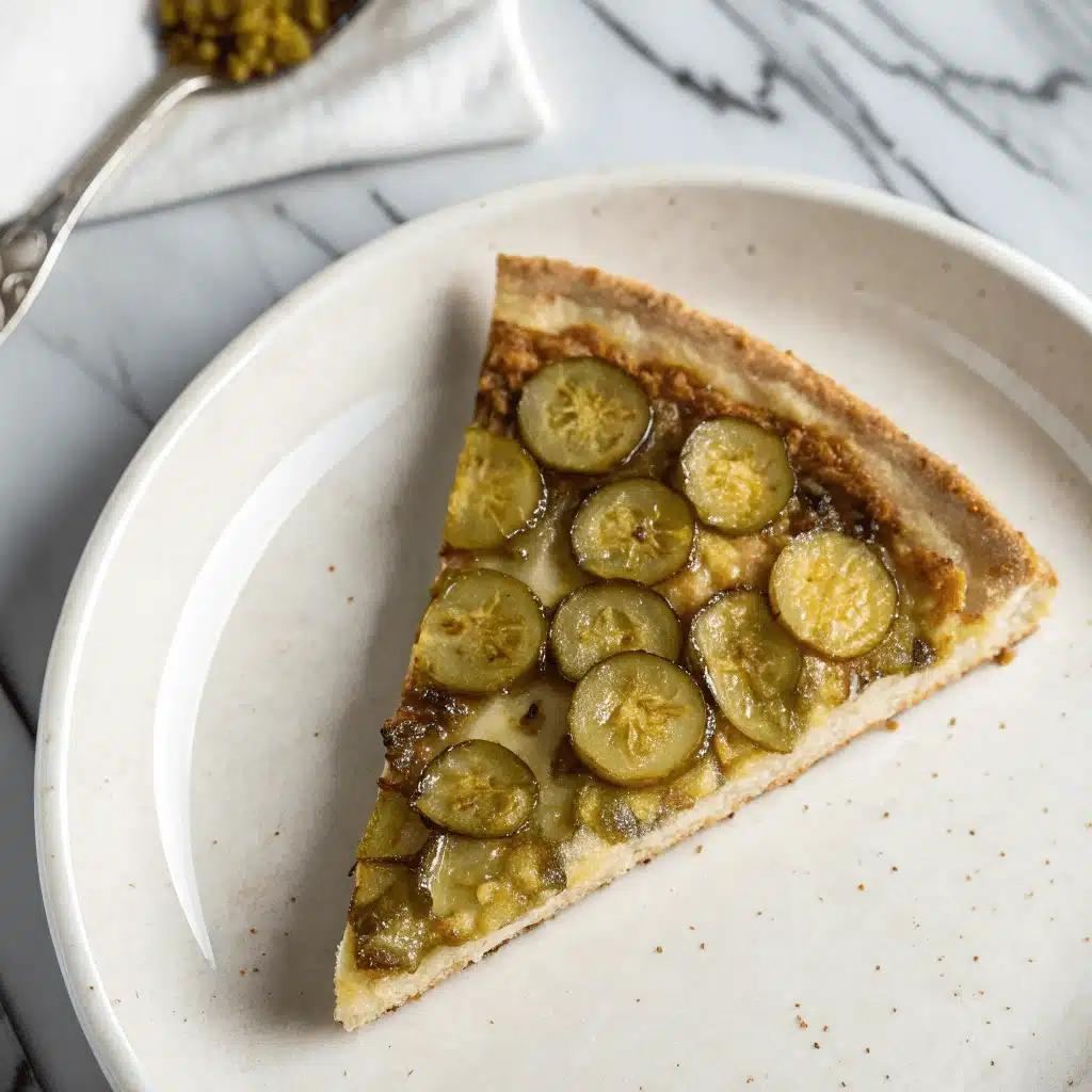 Close-up overhead shot of a slice of pickle pie pizza with pickles and melted cheese on a white plate.