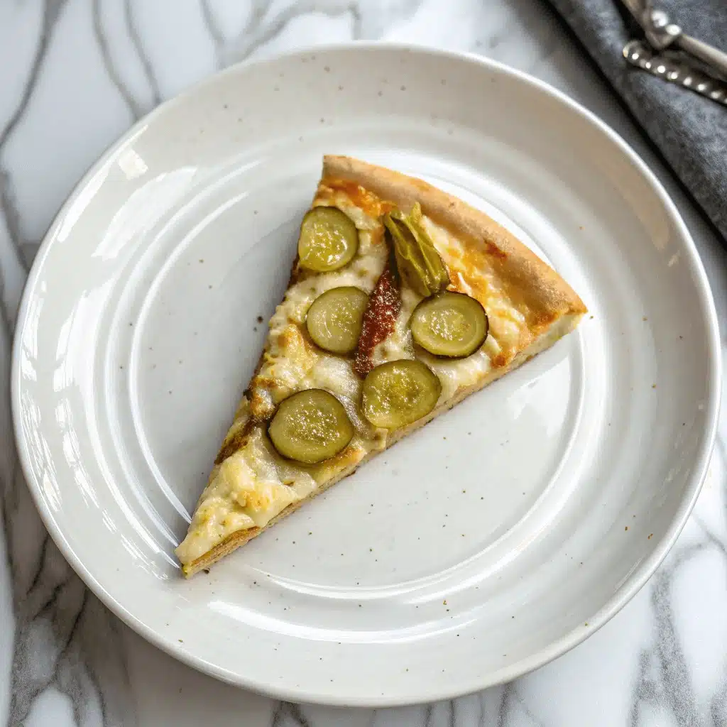 Overhead view of a single slice of pickle pie pizza with sliced pickles and melted cheese on a white plate.