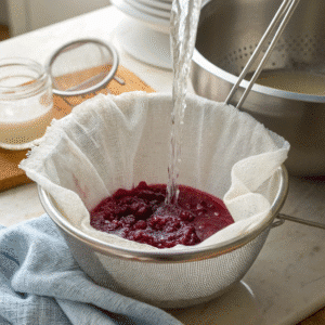 Straining white cranberry juice through fine mesh strainer