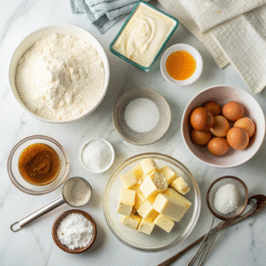 Anniversary cake ingredients laid out on marble counter