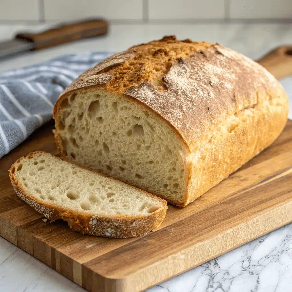 Whole loaf of gluten-free sourdough bread with one slice cut, showing a light, airy texture on a wooden board.