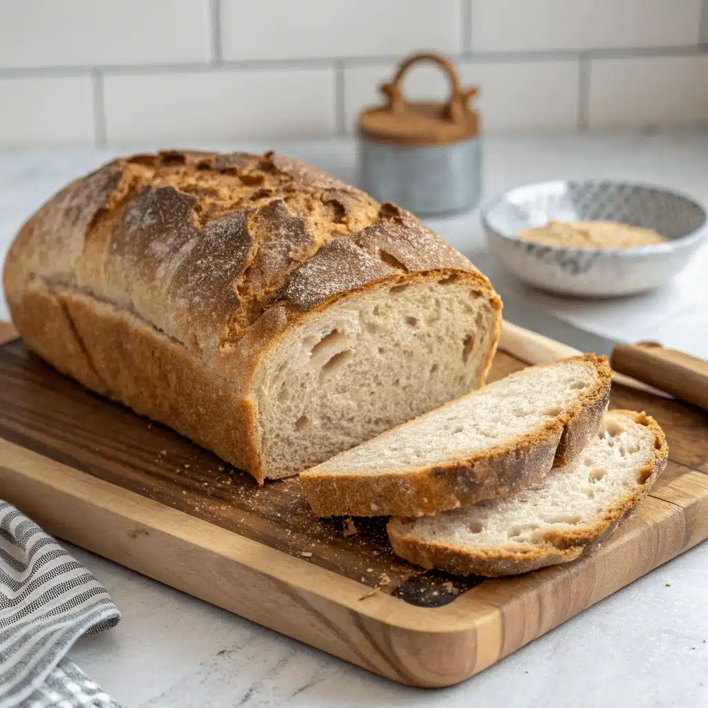 Sliced loaf of gluten-free sourdough bread on a wooden cutting board with a rustic crust and airy crumb.