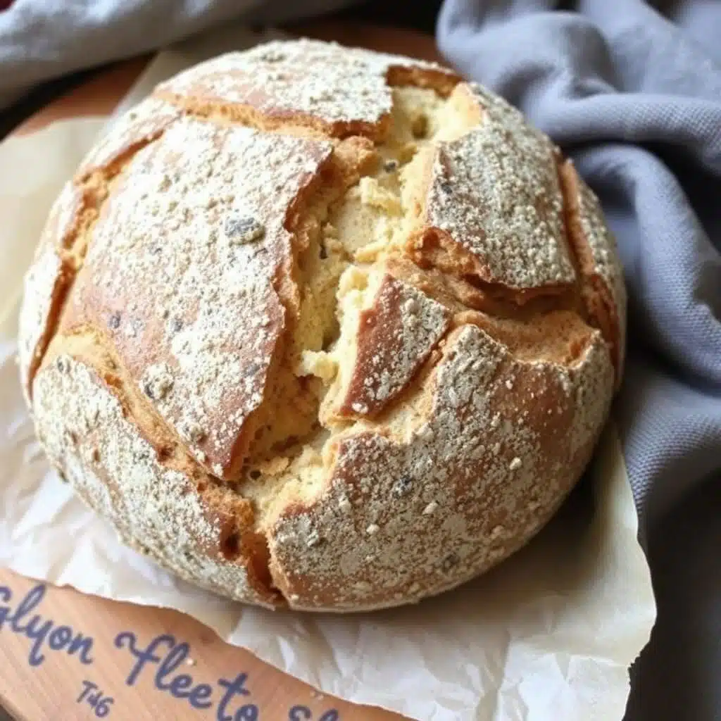 Round artisan gluten-free sourdough bread with rustic cracked crust and flour dusting