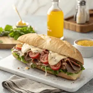 Grinder sandwich with roast beef, melted cheese, cherry tomatoes, and lettuce on a baguette, served on a white board.
