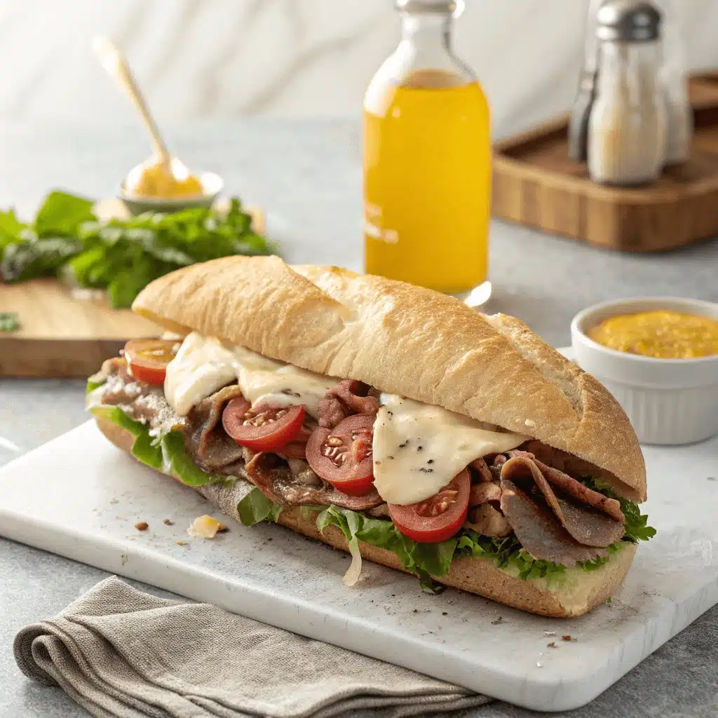 Grinder sandwich with roast beef, melted cheese, cherry tomatoes, and lettuce on a baguette, served on a white board.