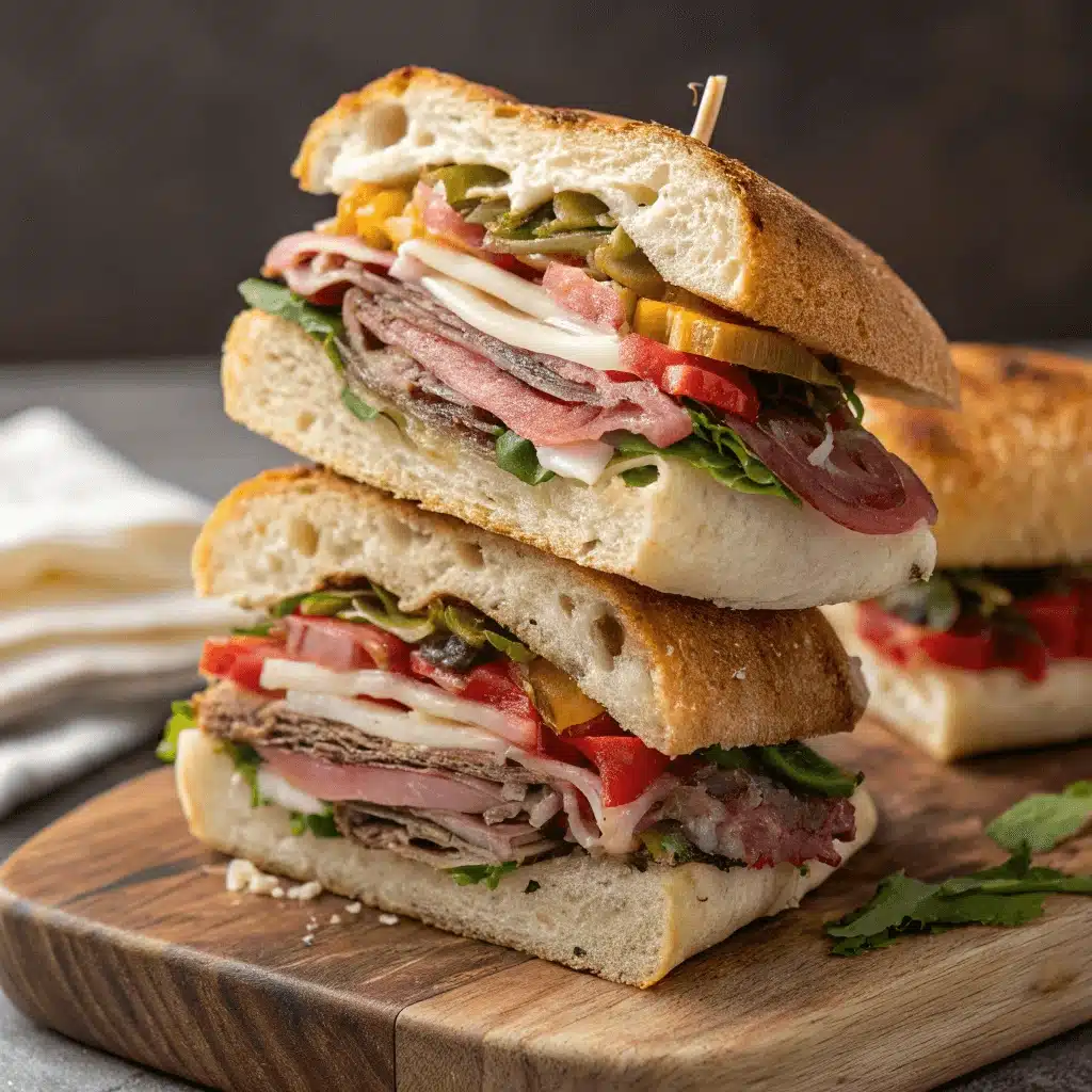 Stacked halves of a grinder sandwich with layers of deli meats, cheese, lettuce, tomatoes, and pickled peppers in crusty bread.
