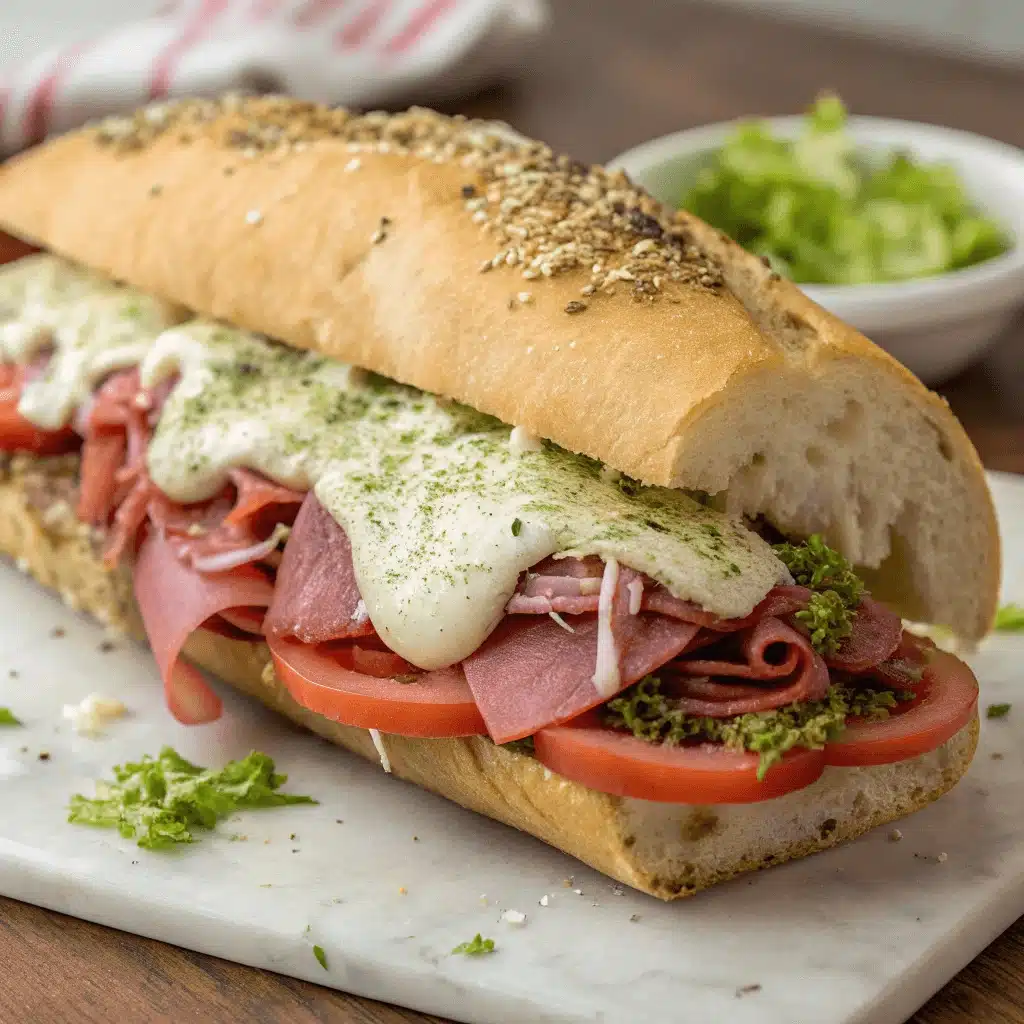Grinder sandwich with layers of deli meats, melted cheese, tomato slices, and lettuce on a seeded baguette.