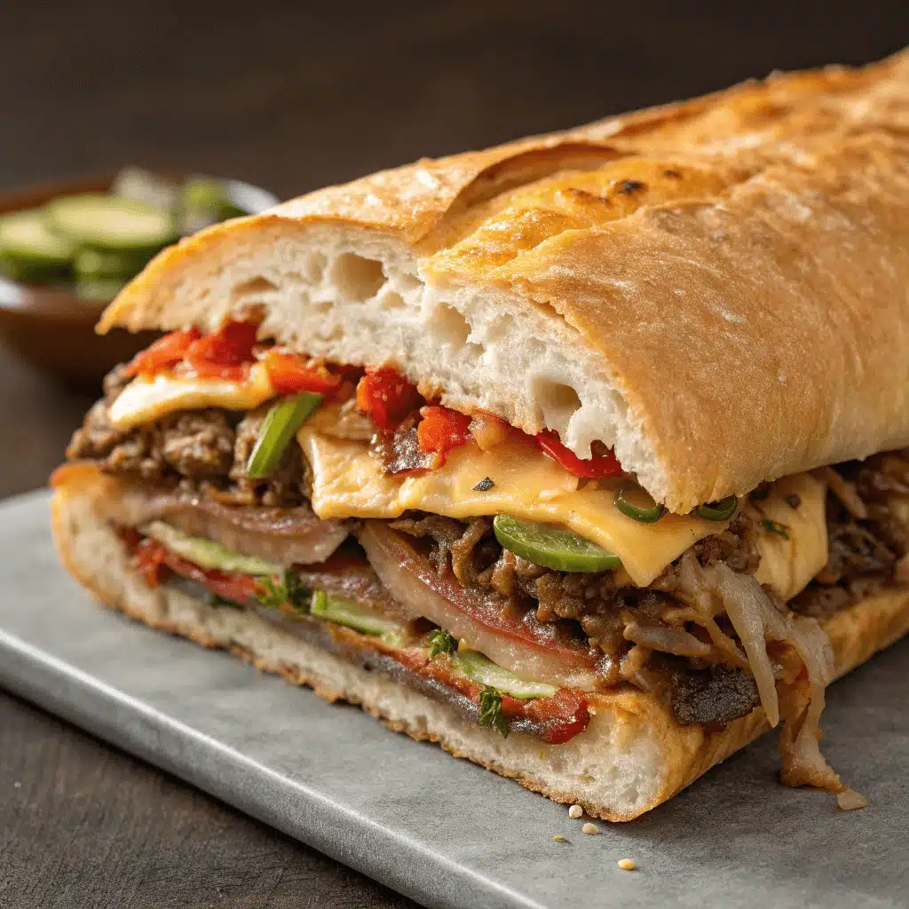 Close-up of a grinder sandwich filled with sliced beef, melted cheese, peppers, onions, and tomatoes in a crusty baguette.