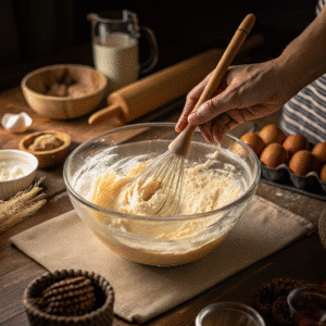 Mixing anniversary cake batter in glass bowl
