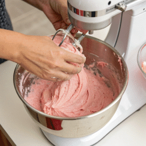 Mixing pink Hello Kitty cake batter in stand mixer
