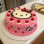 Pink Hello Kitty cake with piped rosettes, maraschino cherries, and Hello Kitty’s face drawn in icing on top.