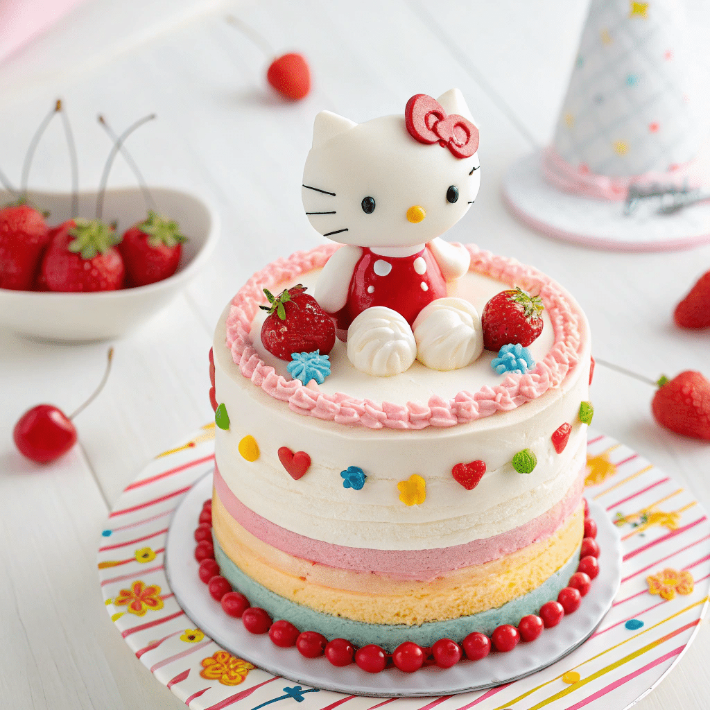 Colorful Hello Kitty cake with a fondant Hello Kitty figure in a red dress, decorated with strawberries, meringues, and heart-shaped sprinkles on a striped plate.
