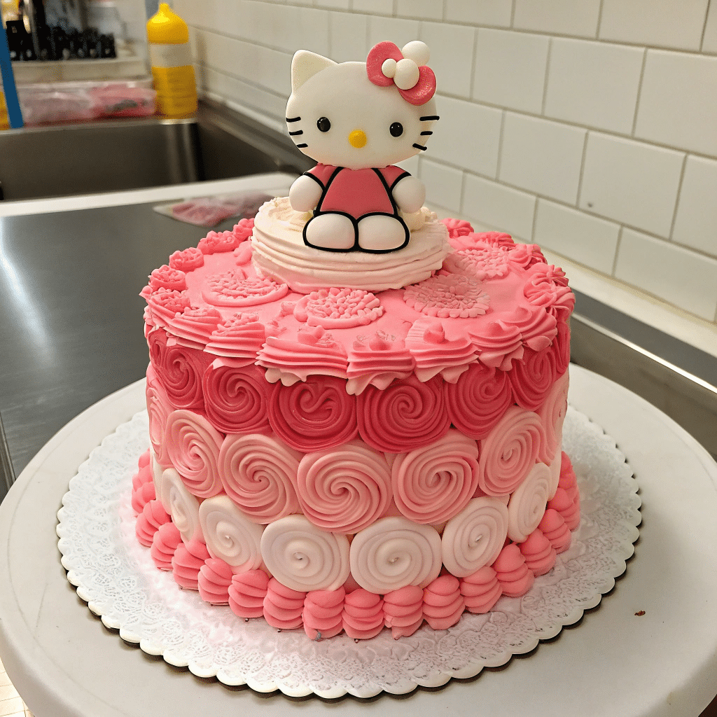 Ombre pink Hello Kitty cake with fondant Hello Kitty topper and piped rosette swirls in shades of pink and white.