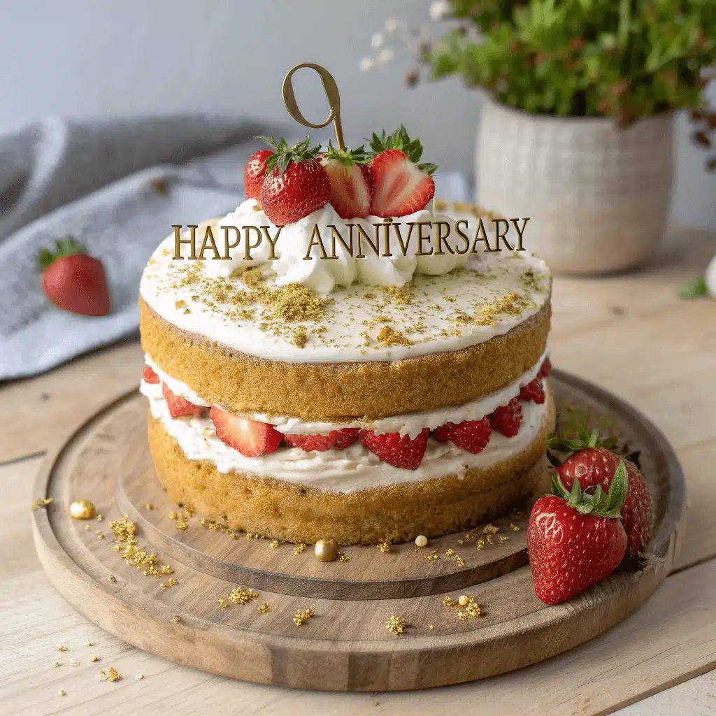 Strawberry shortcake-style anniversary cake with layers of cream and strawberries, topped with fresh strawberries and a "Happy Anniversary" topper.