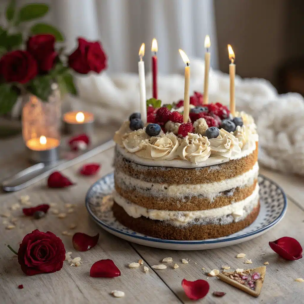 Naked-style anniversary cake with layers of cream, topped with berries, piped rosettes, and candles, surrounded by rose petals and candles.