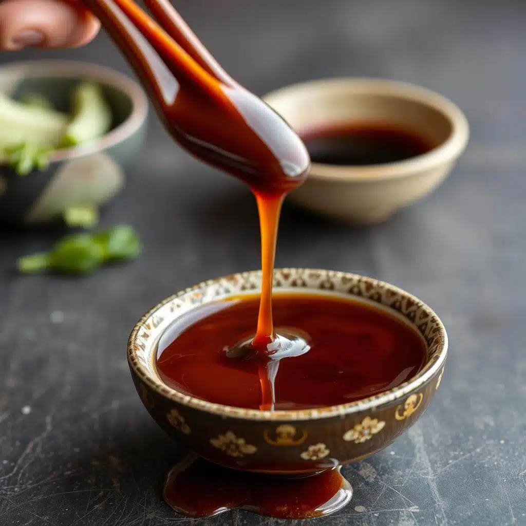 Thick eel sauce being poured from chopsticks into a decorative bowl