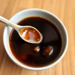 Overhead shot of a spoon in a bowl of eel sauce with visible garlic pieces