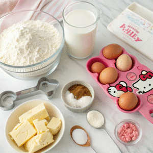 Hello Kitty cake baking ingredients and cake pan setup