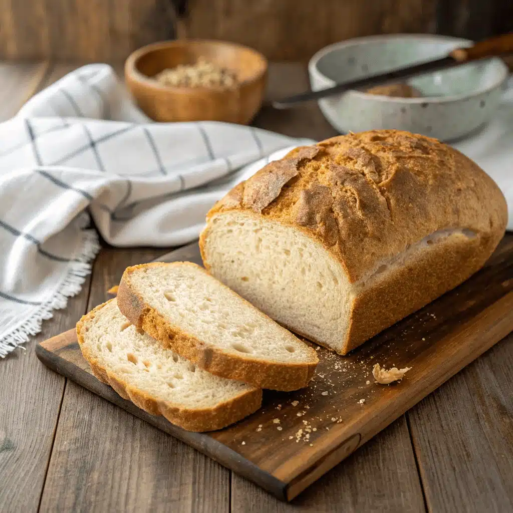 Rustic loaf of low carb bread with a crisp crust, partially sliced, displayed on a wooden cutting board with a checkered cloth in the background.
