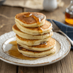 Stack of mini pancakes drizzled with maple syrup on a rustic white plate, with syrup pouring down the sides.