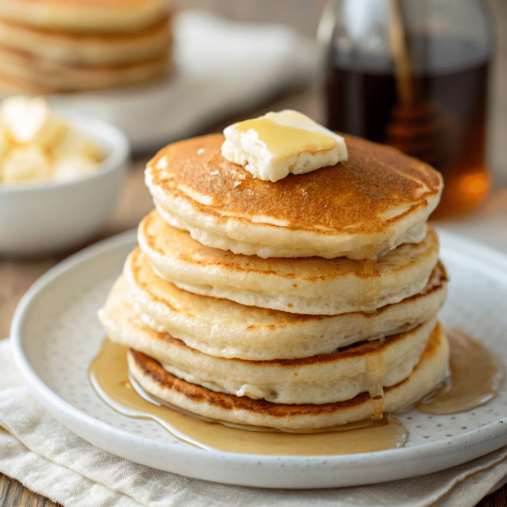 Stack of mini pancakes topped with a pat of butter and maple syrup, served on a white plate with syrup pooling around the base.