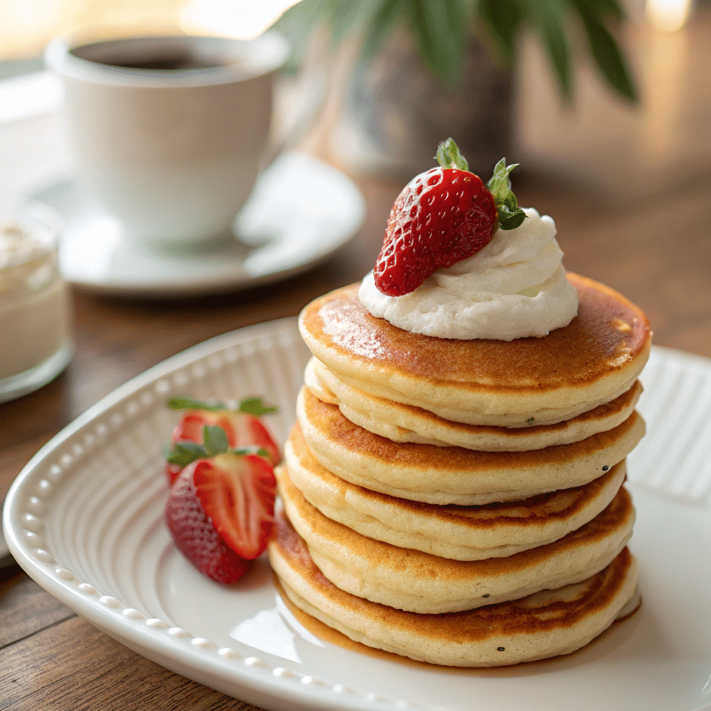 Stack of mini pancakes topped with whipped cream and a whole strawberry, served with sliced strawberries on a white plate, with a cup of coffee in the background.