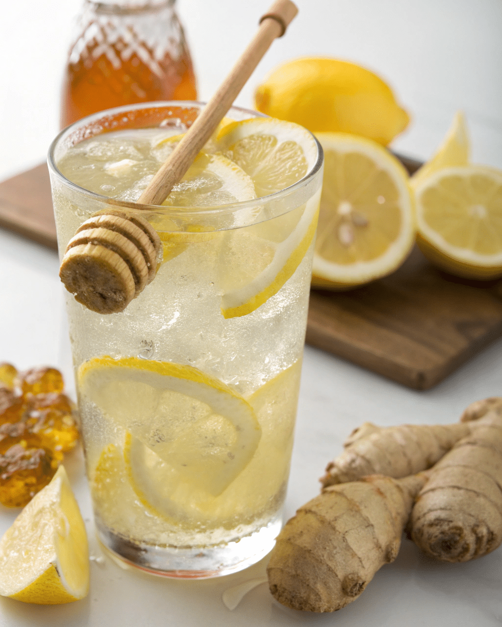 Glass of natural Mounjaro drink with lemon slices and a honey dipper, surrounded by ginger roots, honey, and fresh lemon wedges.