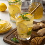 Two glasses of natural Mounjaro drink with lemon slices, mint, and ice, set on a wooden board with ginger, honey, and fresh lemons.