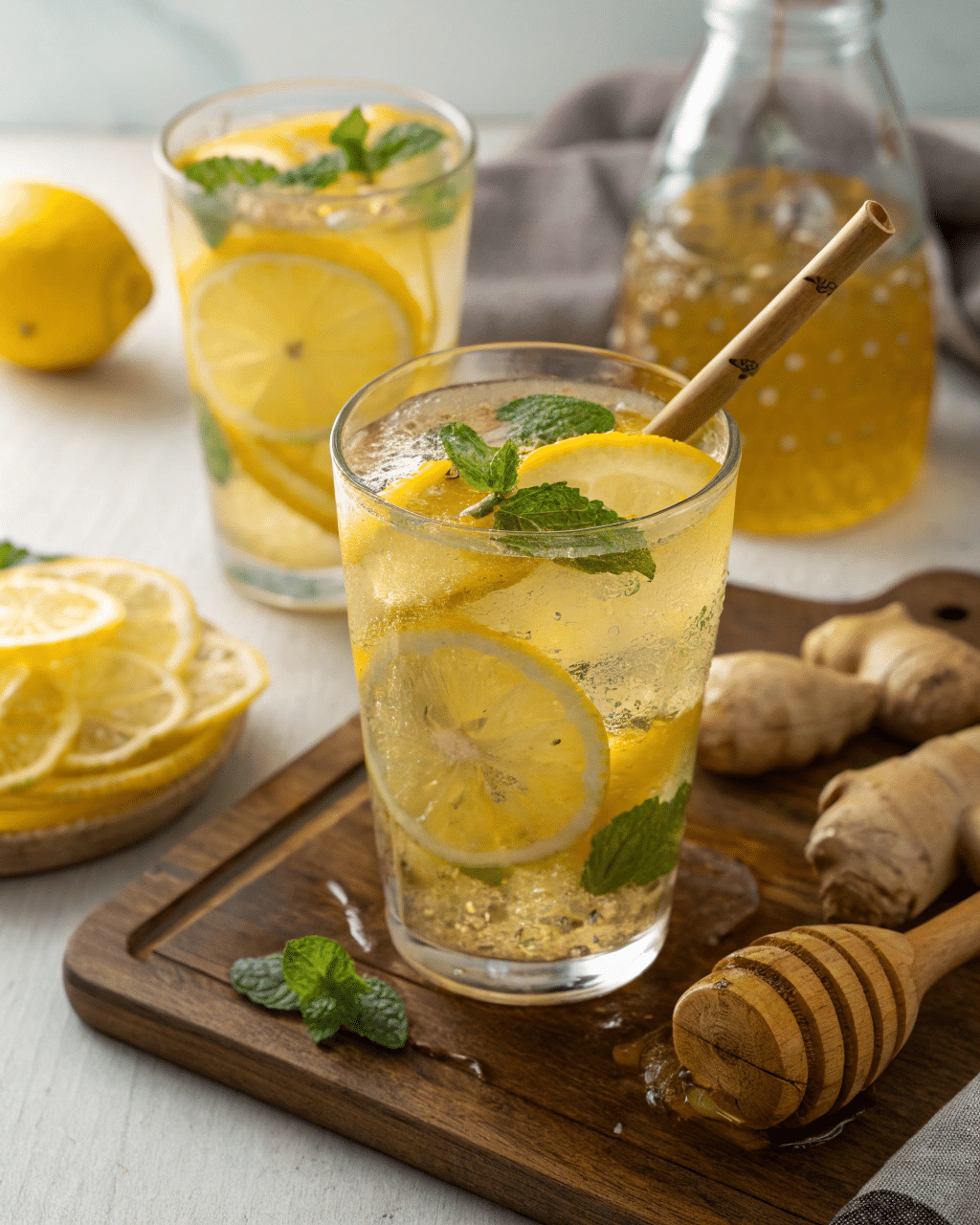 Two glasses of natural Mounjaro drink with lemon slices, mint, and ice, set on a wooden board with ginger, honey, and fresh lemons.