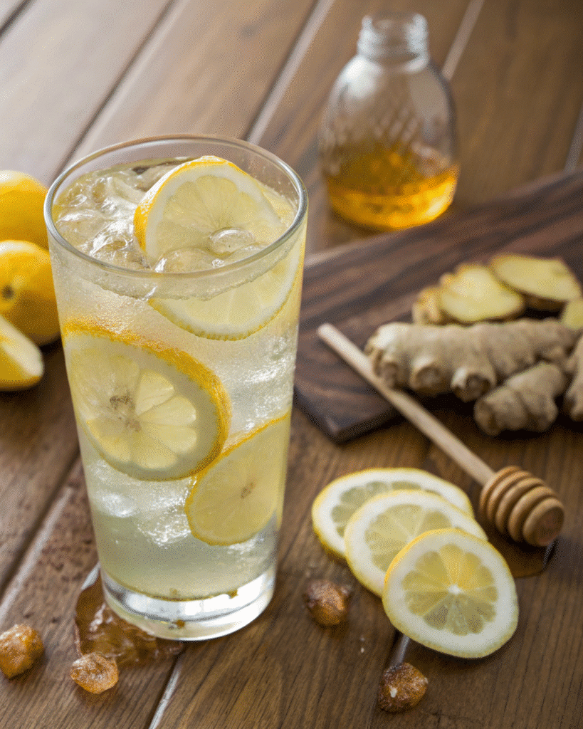 Glass of natural Mounjaro drink with lemon slices and ice, surrounded by fresh ginger, honey, and lemon on a wooden table.