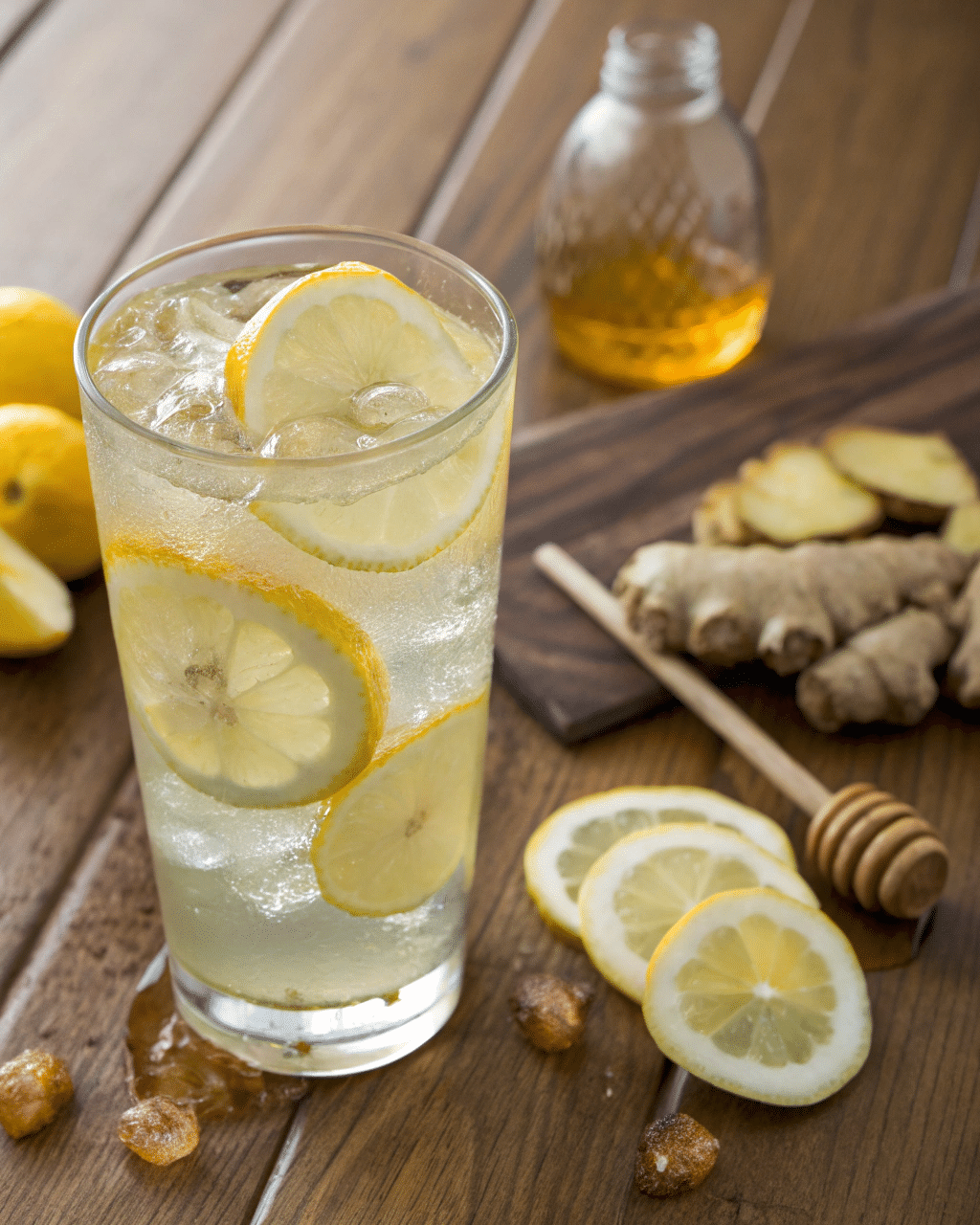 Glass of natural Mounjaro drink with lemon slices and ice, surrounded by fresh ginger, honey, and lemon on a wooden table.