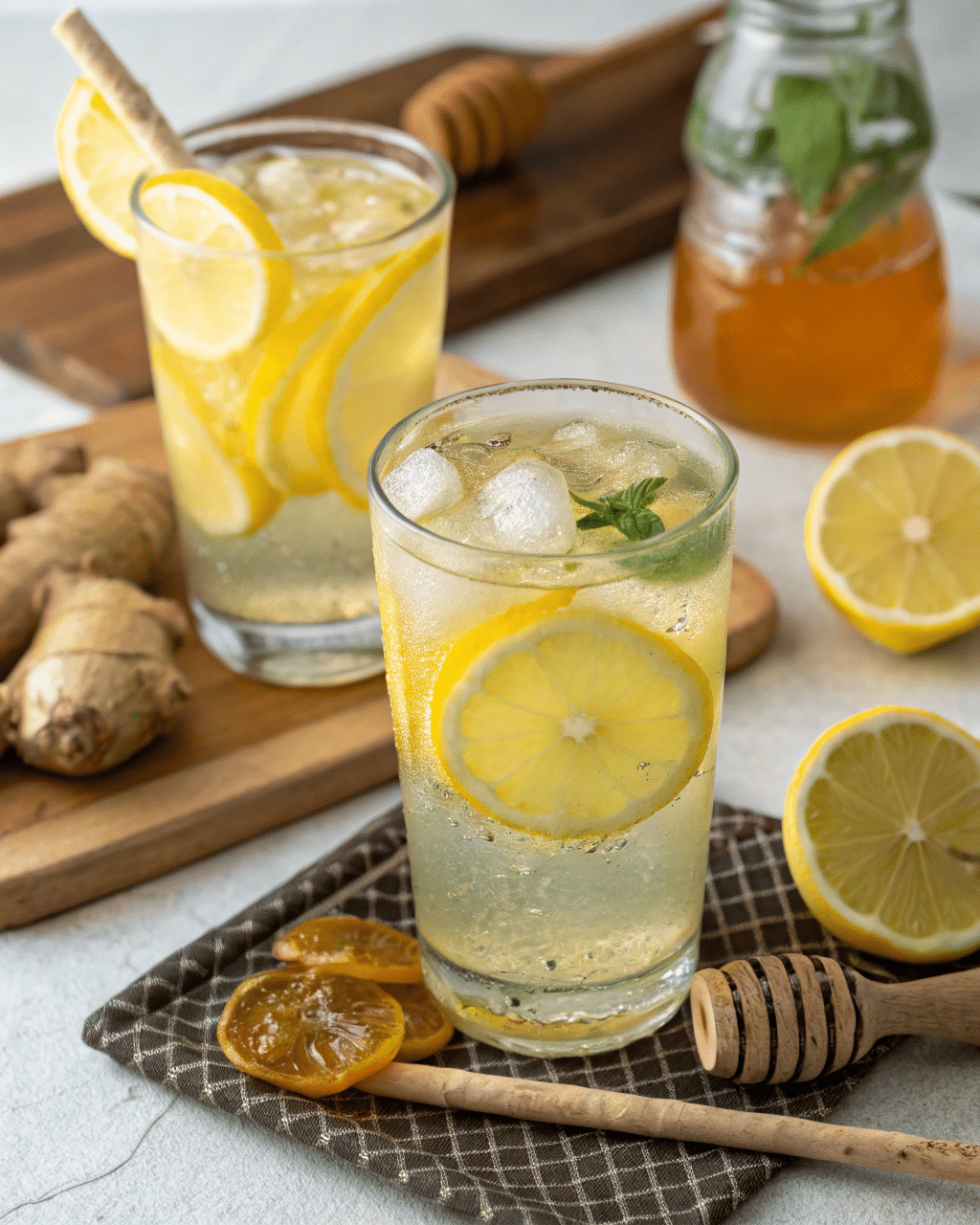 Two glasses of natural Mounjaro drink with lemon slices and ice, garnished with mint, surrounded by ginger, honey, and sliced lemons on a light background.