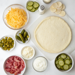 Pickle pie pizza ingredients laid out for cooking